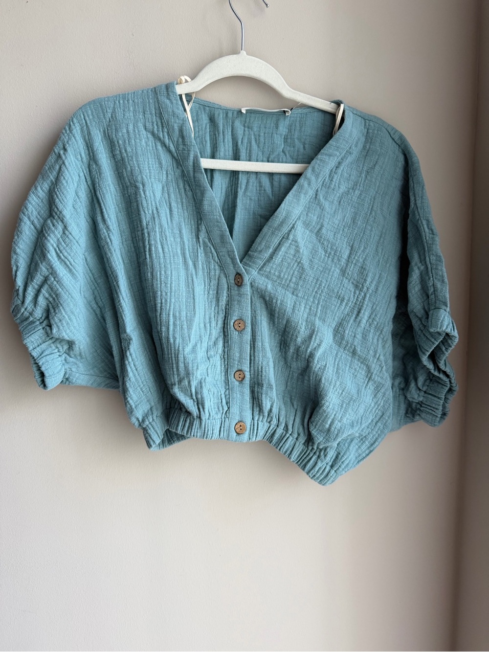 Mustard Seed Dusty Blue Button-Front Cropped Gauze Top